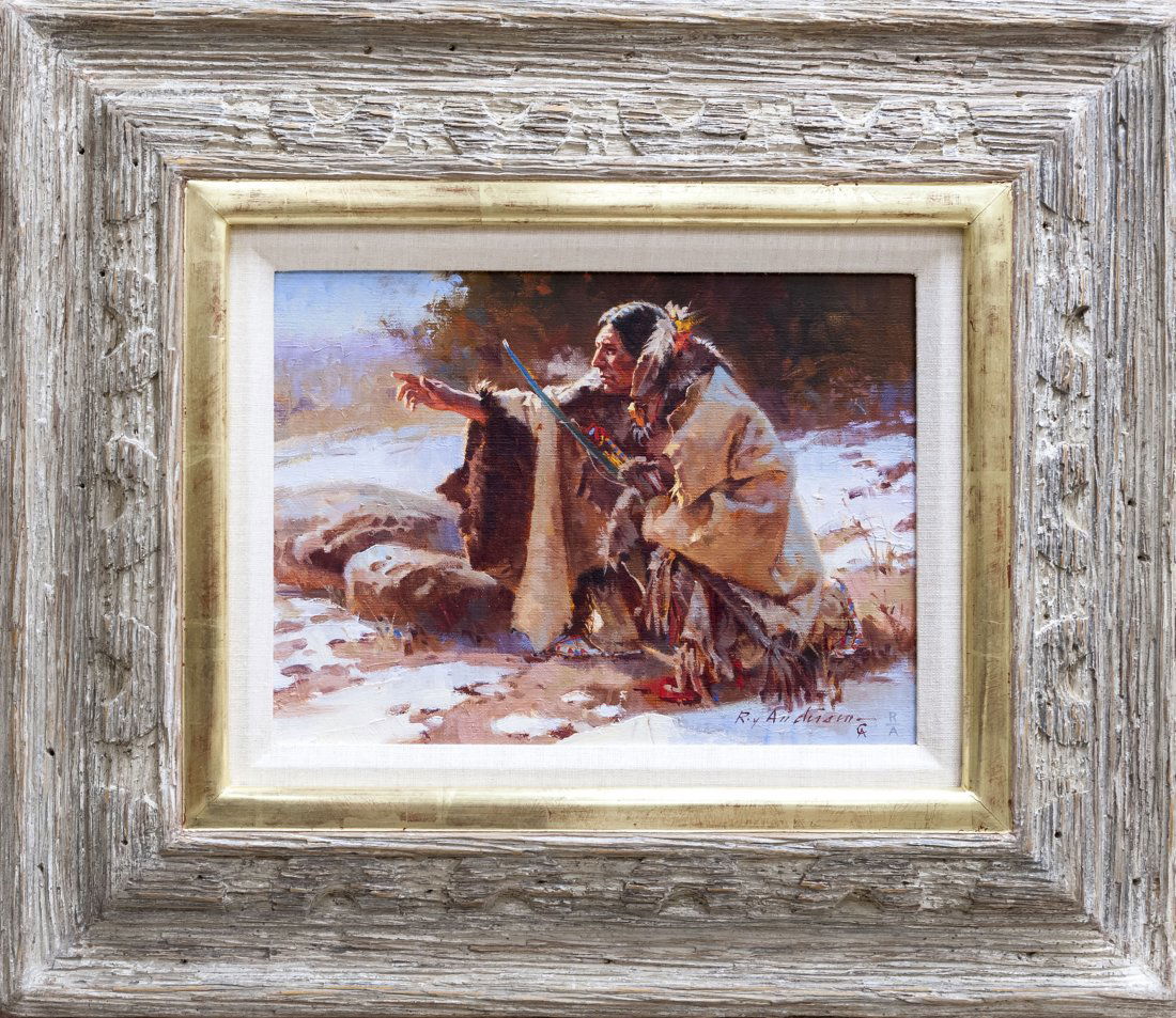 Roy Andersen, Oil on Canvas, "A Strong Sign".: Roy Andersen (b. 1930), Oil on canvas, "A Strong Sign". Seated Native American in a Winter Landscape. Signed lower right. Artist's business card with the title taped to the back. Framed. (9" x 12", ov