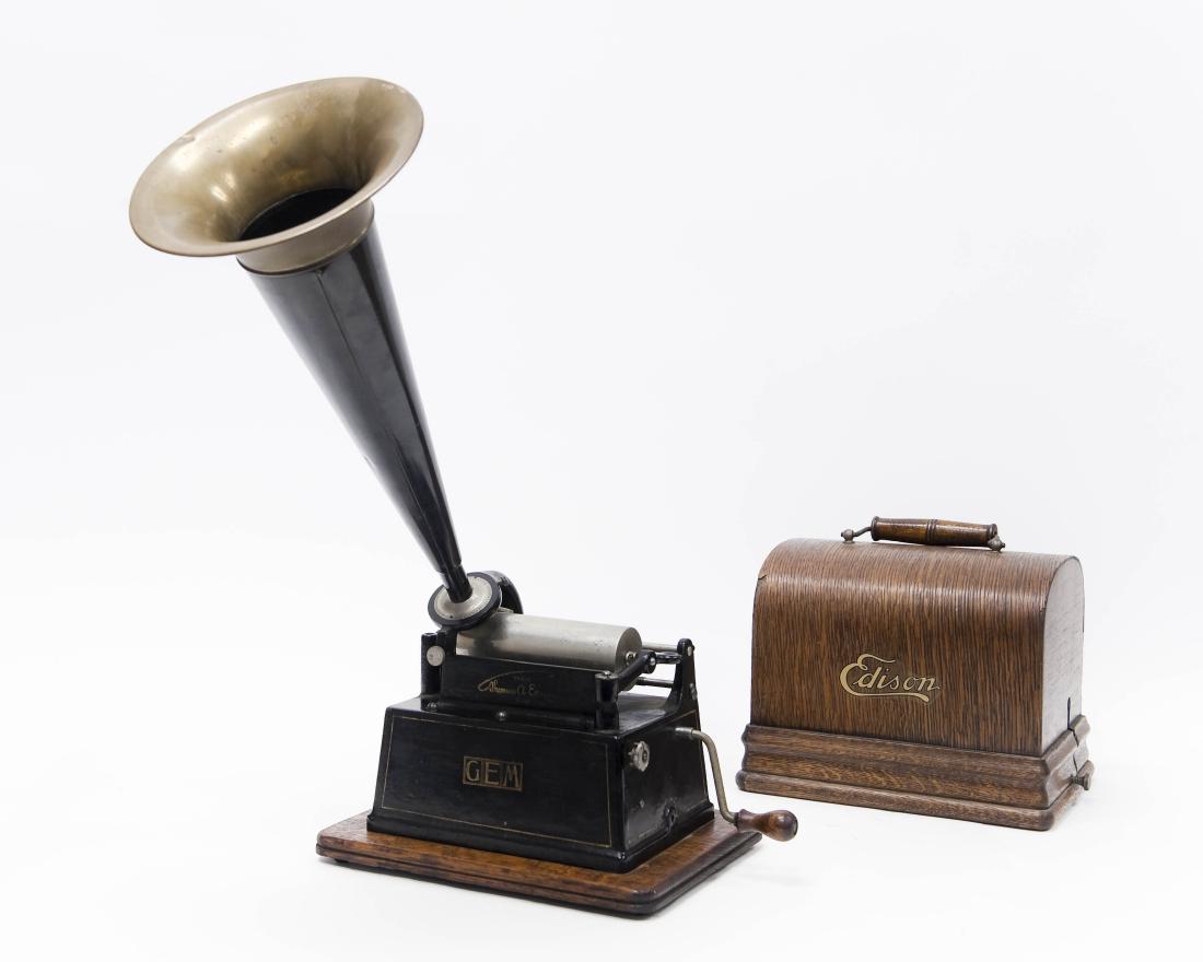 Edison Gem Model H Phonograph.: Circa 1905 Edison GEM Model H phonograph. Oak cased with brass and painted metal "witch's hat" horn. Serial no. G183935.