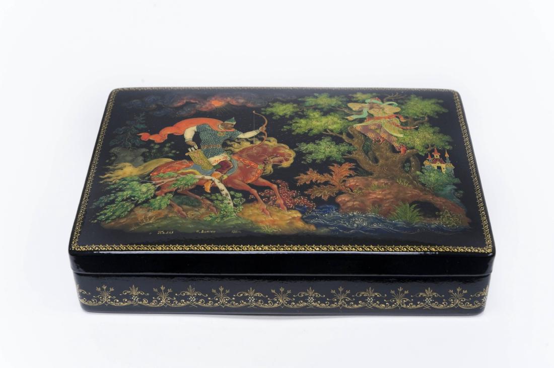 Palekh Russian Lacquer Box.: Palekh Russian lacquer box. Ilya Murometz and the sorcerer. Rectangular box with removable lid. Signed, dated 1991. Made in USSR. (Approx. 1 1/4" tall, 5 3/4" x 4").