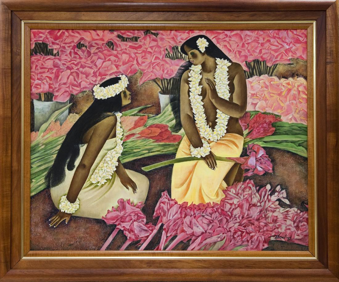 Zhou Ling Oil on Canvas.: Zhou Ling (American / Chinese), Oil on canvas, Tropical scene depicting two young women, garlands and flowers. Signed lower right, Zhouling. Framed. (32" x 40", overall: 40" x 48").