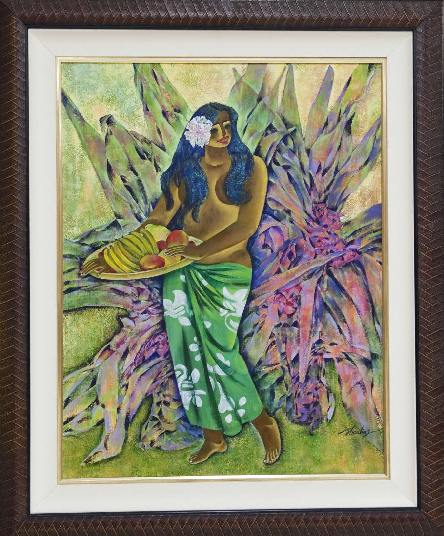 Zhou Ling Oil on Canvas.: Zhou Ling (American / Chinese), Oil on canvas, Tropical scene depicting a woman holding a bowl of fruit. Signed lower right, Zhouling. Framed. (36" x 28", overall: 46" x 38").