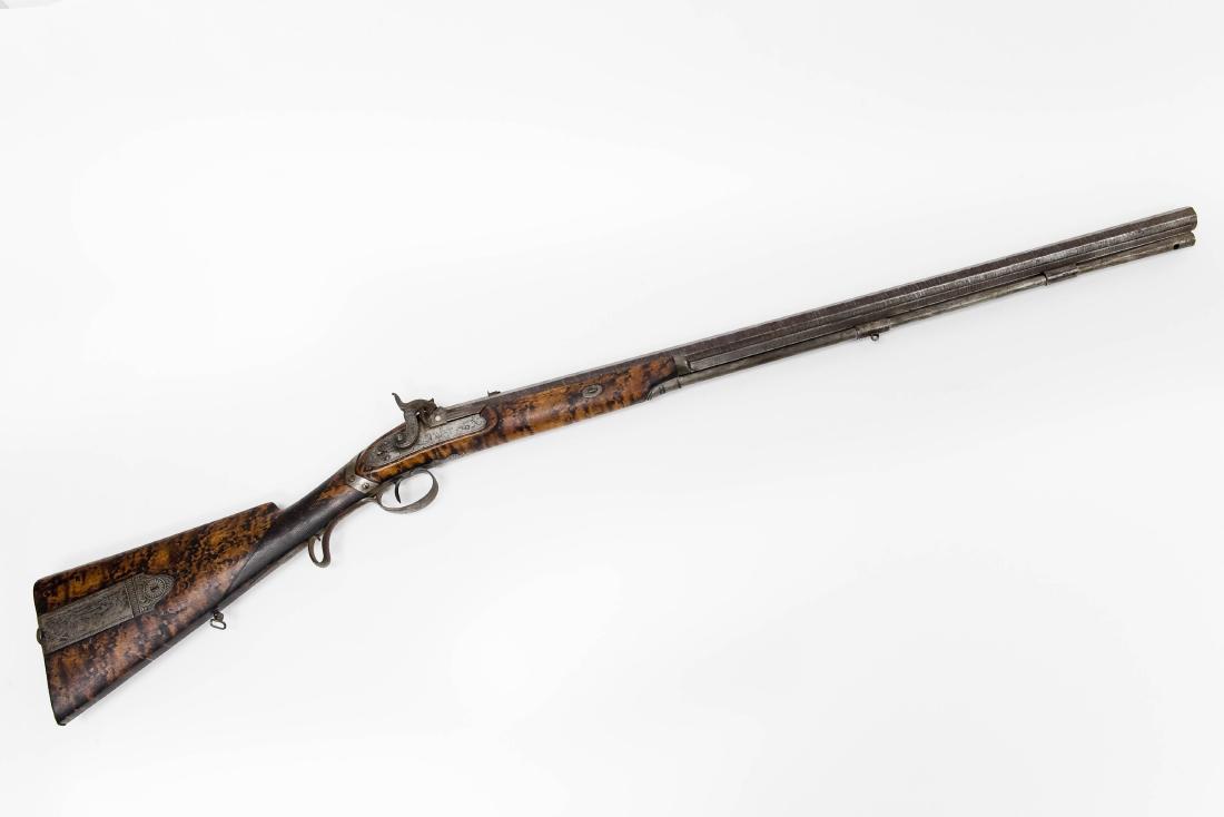 Mid 19th C. English Percussion Cap Muzzle Loading: Mid 19th C. English percussion cap muzzle loading rifle. Hexagonal barrel marked Clough & Sons Bath.