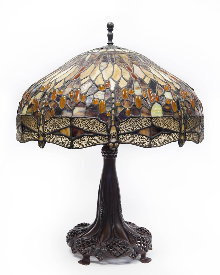Tiffany Style Stained Glass Table Lamp on Bronze Base. (1 of 10)