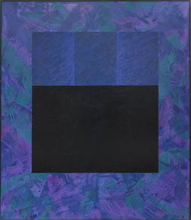 Ned Evans Oil on Canvas, "Catwalk".: Ned Evans (California, b. 1950), Oil on canvas, mounted on board, (abstract in purples, greens, and blacks). Signed, titled, and dated verso "N Evans 80, Catwalk". Framed. Canvas 63 X 54 inches,