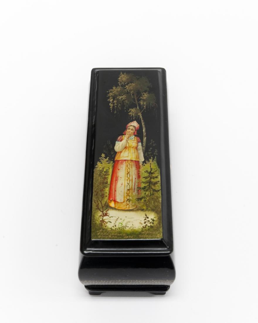 Ivoilova Fedoskino Russian Lacquer Box.: Ivoilova Fedoskino Russian lacquer box. Rectangular box with removable lid, Woman in the forest. Titled Standing Birch, signed, dated 1988. Marked N36 with Fedoskino inscription inside the box. (Appro