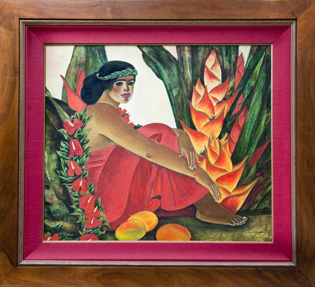 Zhou Ling Oil on Canvas.: Zhou Ling (American / Chinese), Oil on canvas, Tropical scene depicting a seated woman and fruit. Signed lower left. Framed. (Approx. 26" x 30", overall: 36 1/4" x 40 1/4").