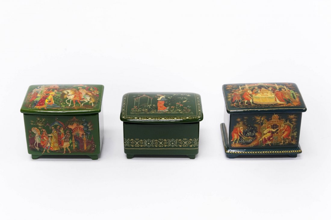 (3) Palekh Russian Green Lacquer Boxes. (1 of 13)
