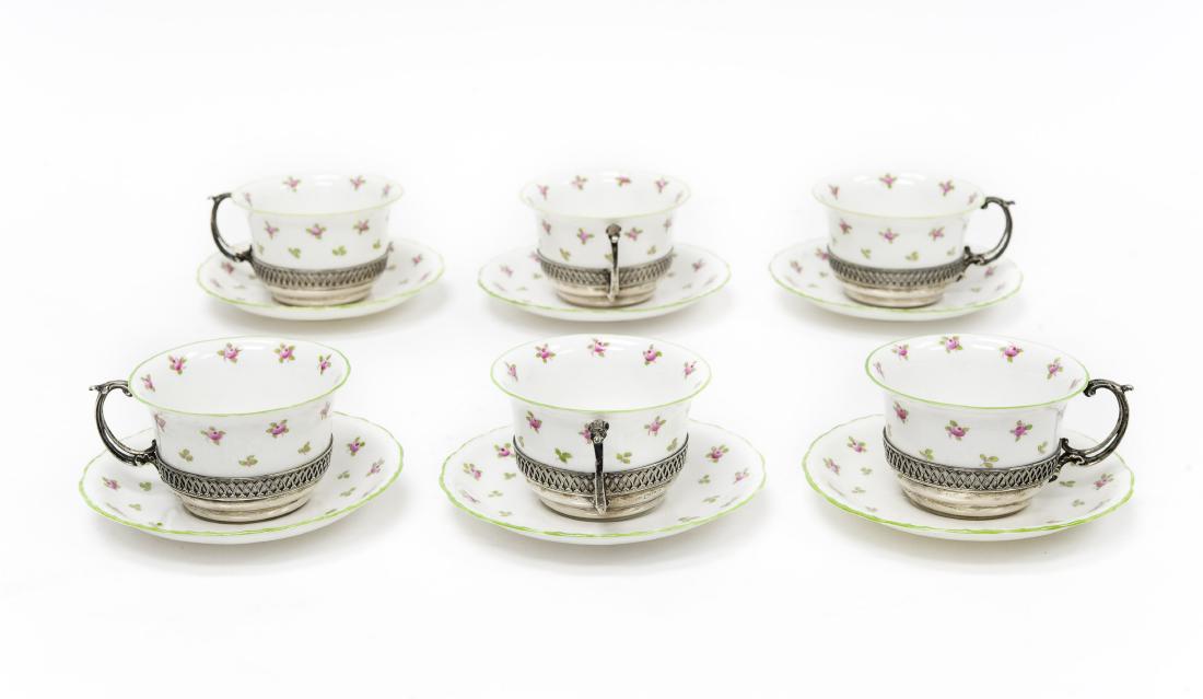 (6) Staffordshire Cups & Saucers w/ Sterling Holders. (1 of 9)