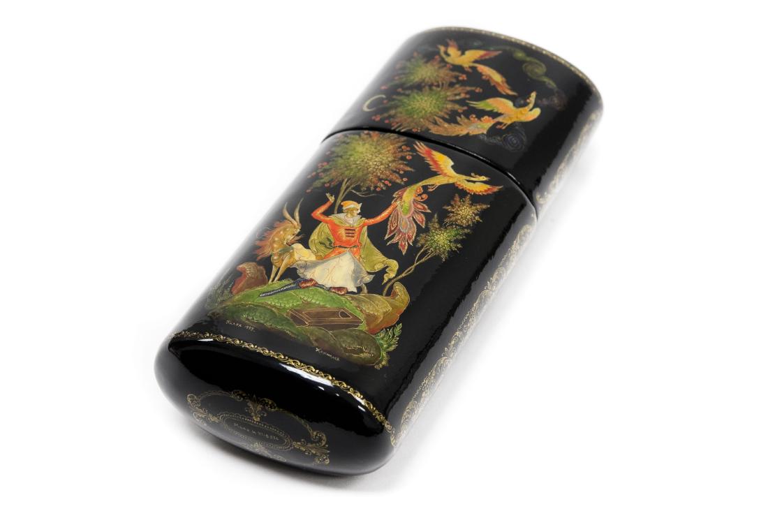 Kornilov Palekh Russian Lacquer Box.: Kornilov Palekh Russian lacquer box. Pen holder form box with removable lid, depicting a fairy tale. Signed, dated 1995. Made in Russia. (Approx. 5 1/2" x 2 1/2" x 1 1/2").