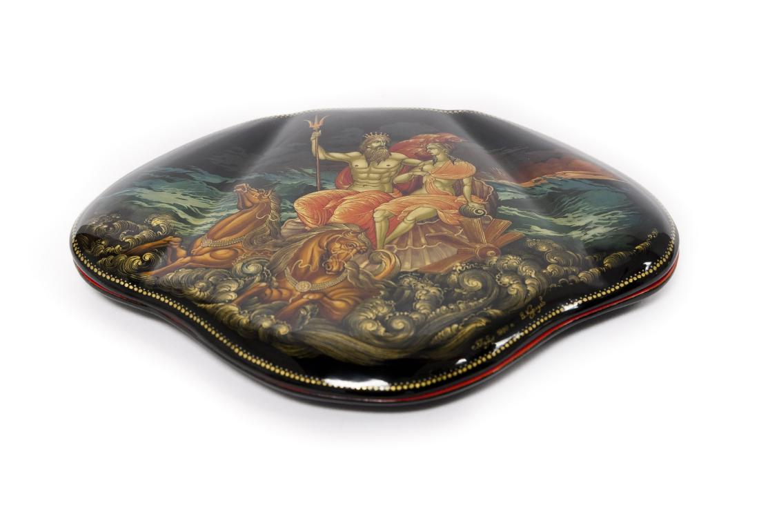Kurilov Palekh Russian Lacquer Box.: Kurilov Palekh Russian lacquer box. Clamshell form box depicting Neptune and Salacia on a 2-horse chariot. Signed, dated 1999. (Approx. 7" x 5 1 /8").