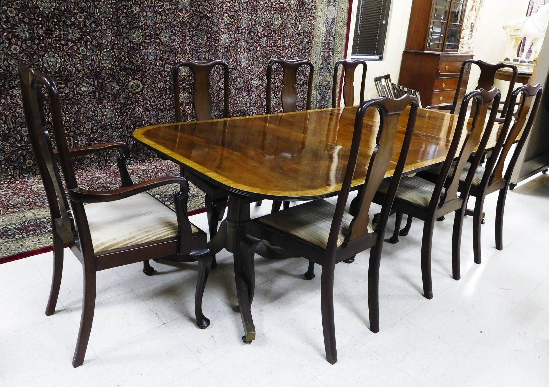 Federal Style Mahogany Dining Table with Chairs.: Late 19th C. Federal style mahogany dining table with 2 leaves and (8) associated Queen Anne style chairs.