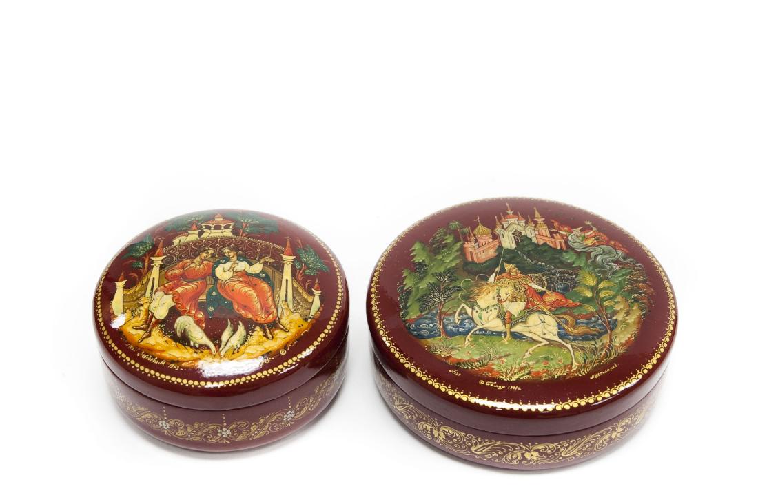 (2) Palekh Russian Red Lacquer Boxes. (1 of 9)