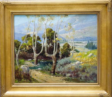 After Hanson Puthuff, Oil on Canvas, Landscape.: After Hanson Puthuff, mid 20th C. oil on canvas, California landscape with trees and hills. No apparent signature. Gilt frame. (20" x 24", overall: 27.5" x 31.5").