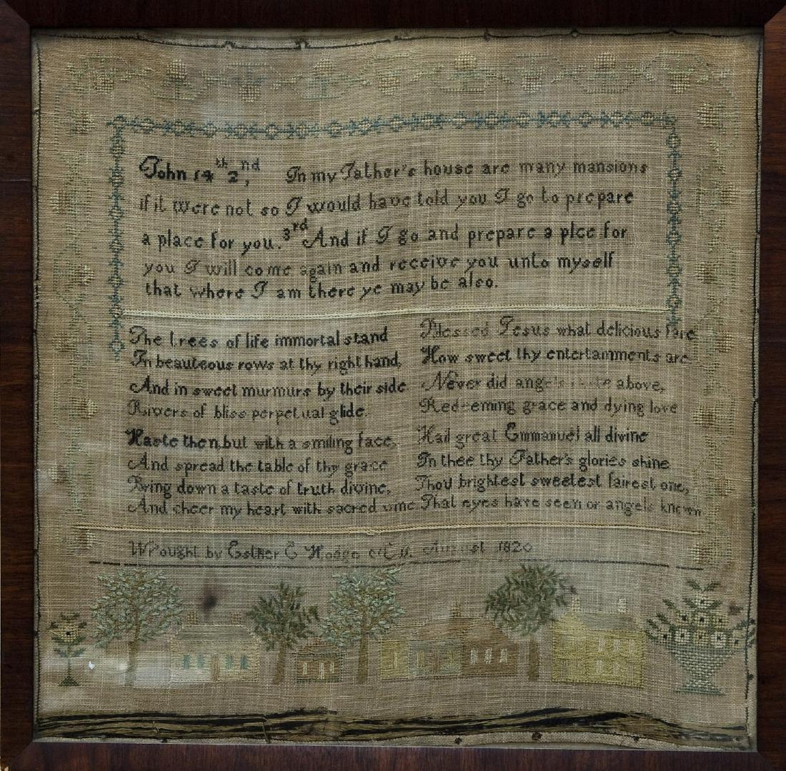 American 19th C. Sampler.: 1820 American needlework sampler, signed Esther C Hodge, Aug 1820. Verses John 2 and 3, and hymnal verse. Framed. The textile: 18 x 18 inches.