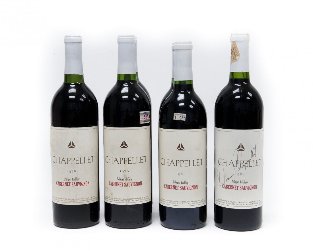 (6) Bottles, Chappellet Cabernet Sauvignon.: (6) Bottles of Chappellet Cabernet Napa Valley Sauvignon. Includes (1) 1978 vintage, (2) 1979 vintages, (2) 1981 vintages, and (1) 1984 vintage. The 1984 vintage has a Donn Chappellet signature label.