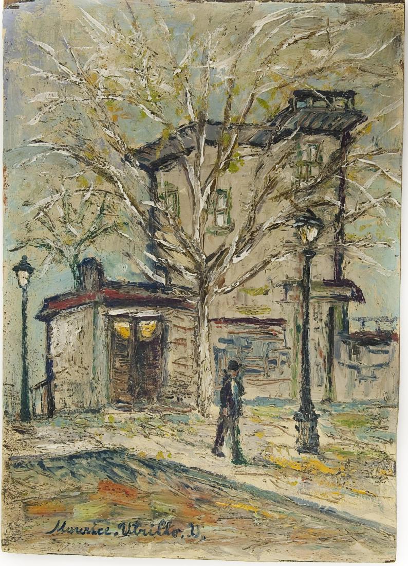 Oil on Board, Continental Street Scene.: Oil on board, Continental street scene, signed Maurice Utrillo. (Approx. 16" x 11 1/4").