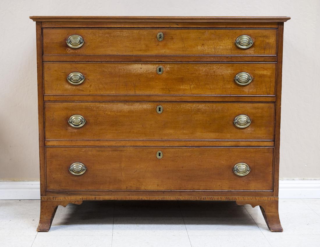 19th C. American Hepplewhite Chest of Drawers.: Mid 19th C. American Hepplewhite fruitwood four drawer chest with banded inlay skirt, raised on French bracket feet. (34 x 40 x 22 inches).