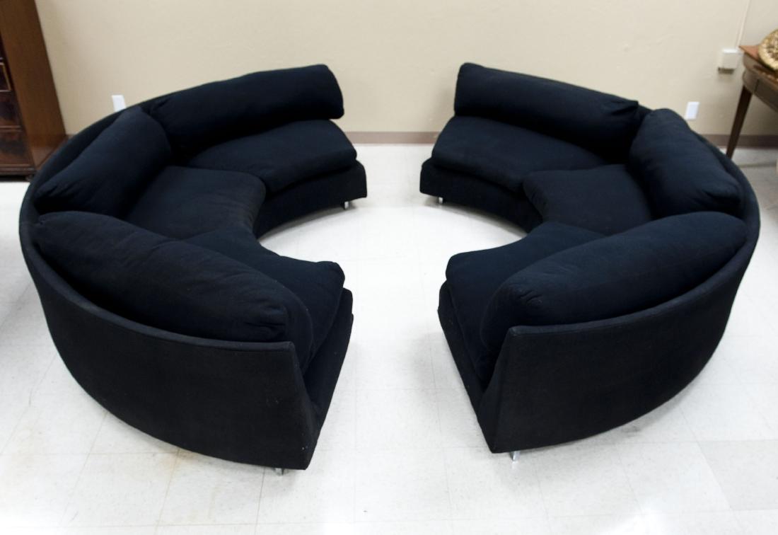 Milo Baughman Thayer Coggin Sectional Sofa.: Milo Baughman sectional sofa for Thayer Coggin. (2) Fabric upholstered semi circular sections (black fabric). (Approx. 23" tall, 96" x 54").