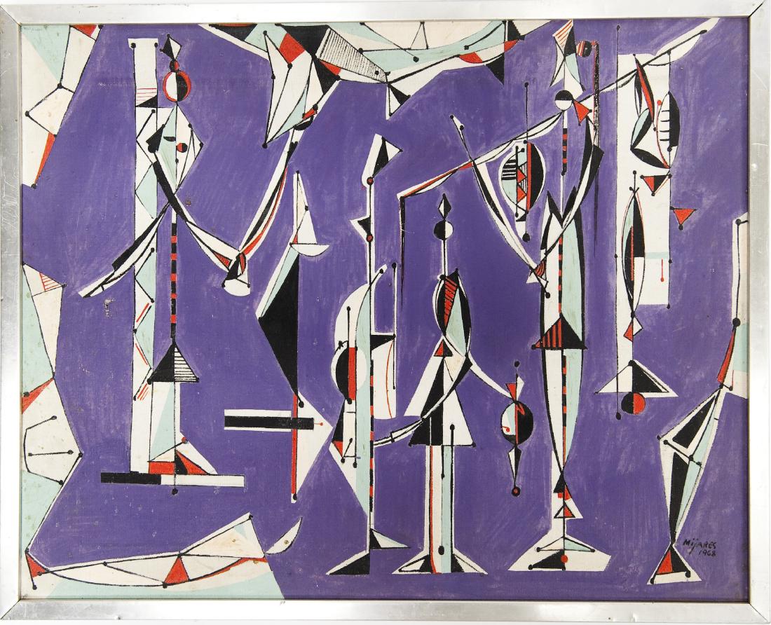 Jose Mijares, Oil on Canvas, Pescadores.: Jose Marie Mijares Fernandez (1921 - 2004), Oil on canvas, Pescadores. Signed lower right Mijares 1968. Titled on the back. In Aluminum frame. (16" x 20").