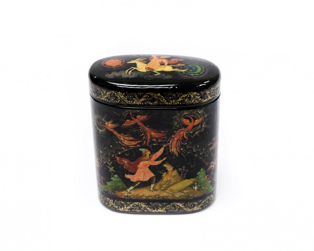 Kritov Palekh Russian Lacquer Box.: Kritov Palekh Russian lacquer box depicting Firebirds and Unicorn. Cigarette case form box, signed, dated 1993. (3 1/2", 2 3/4" x 1 1/2").
