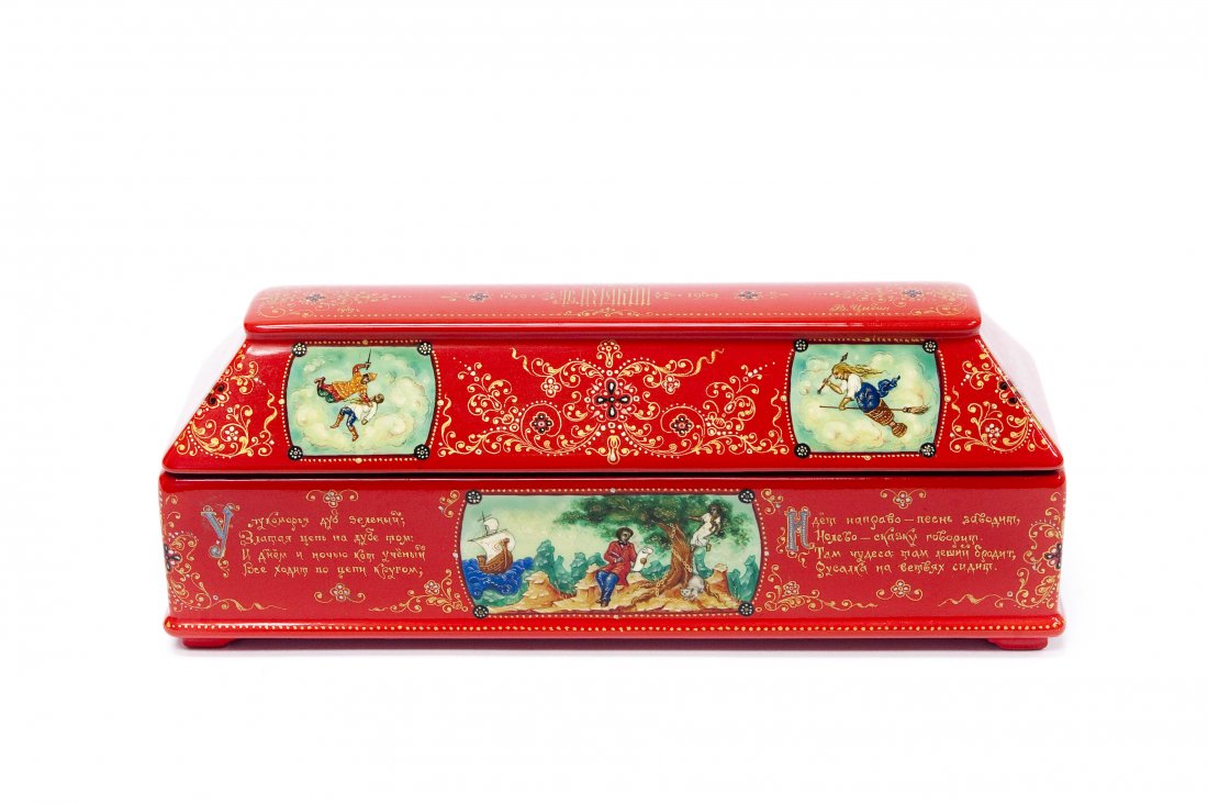 V. Tsybin Palekh Russian Lacquer Box, Pushkin's Tales.: V. Tsybin Palekh Russian lacquer box , Pushkin's Tales. Casket form box with scenes from Pushkin's tales. Signed. With inscription on the exterior and the interior. (1 3/4", 5" x 1 1/2").