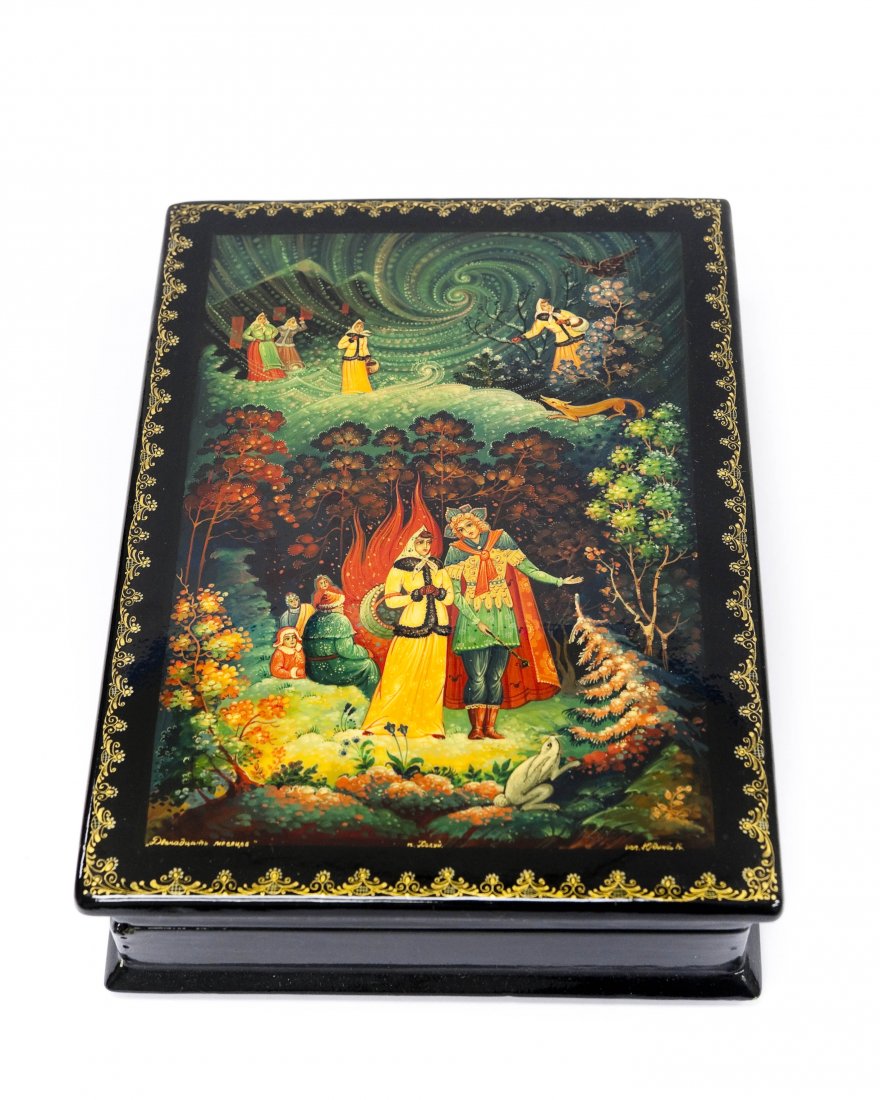 Yubina Kholui Russian Lacquer Box.: Yubina Kholui Russian lacquer box, Twelve Months. Hinge lidded box depicting a fairy tale. Signed and titled. (1 1/2", 7 1/2" x 5 3/8").