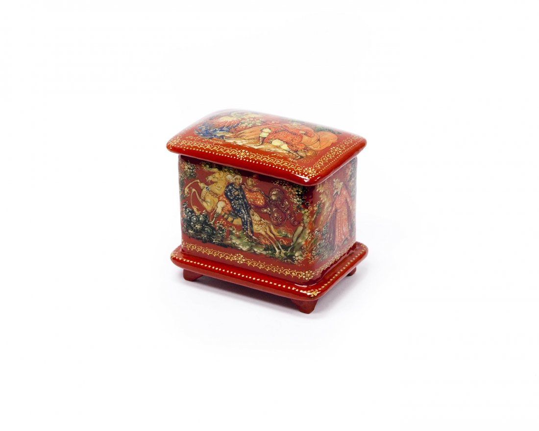 A. Sokolov Palekh Russian Lacquer Box.: A. Sokolov Palekh Russian lacquer box, Ivan and the Firebird. Red lacquer box with removable lid, signed, dated 1994. (2 1/8", 2 3/8" x 1 5/8").