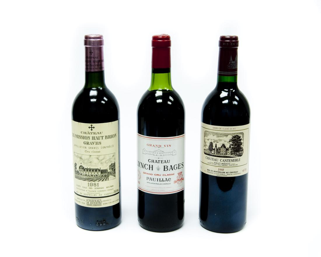 Three Bottles of Bordeaux Wine.: Three (3) bottles of Bordeaux wine. Includes one (1) 1982 Chateau Lynch Bages Pauillac, one (1) 1981 Chateau La Mission Haut Brion Graves, and one (1) Chateau Cantemerle Haut-Medoc. From a temperature