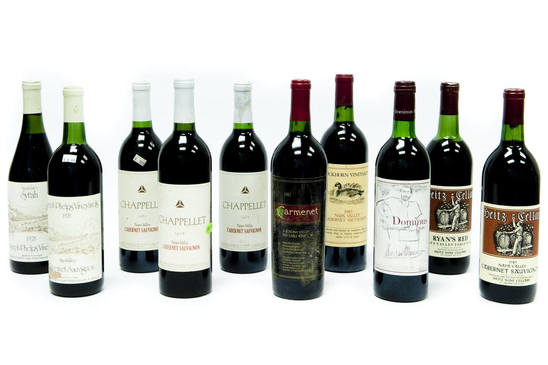 Ten Bottles California Red Wine.: Ten (10) bottles of 1970s and 1980s California red wine. Includes one (1) each 1983 Duckhorn Cabernet Sauvignon, 1984 Dominus Estate red Bordeaux blend, 1978 Joseph Phelps Cabernet Sauvignon, 1978 Jos