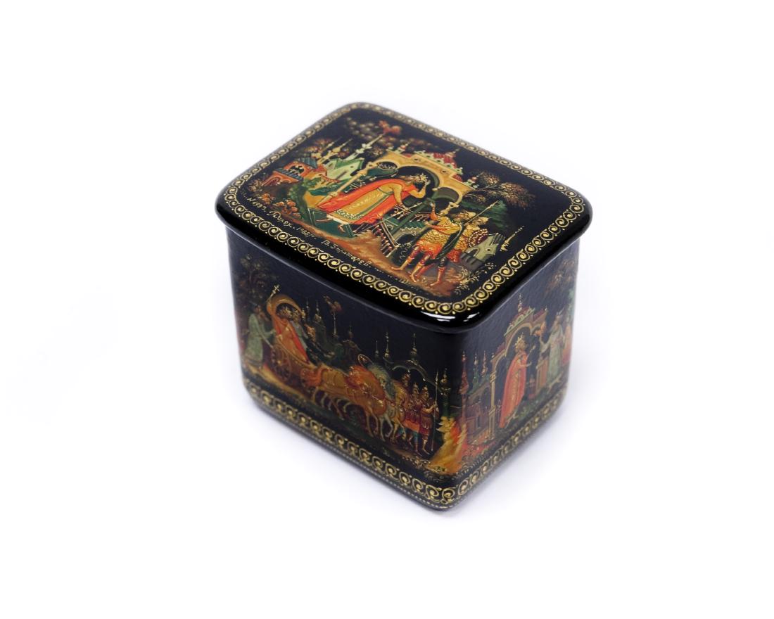 Zolotarev Palekh Russian Lacquer Box.: Zolotarev Palekh Russian lacquer box, Golden Cockerel. Rectangular box with lid and sides depicting a fairy tale. Signed, dated 1988. Marked M1993. (1 5/8" tall, 1 3/4" x 1 1/2").