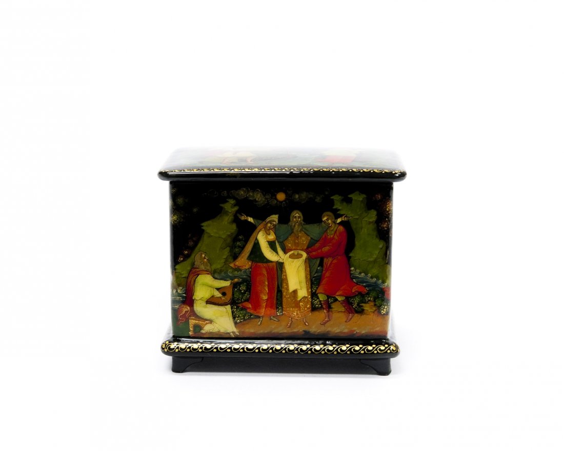 A. Sokolov Palekh Russian Lacquer Box.: A. Sokolov Palekh Russian lacquer box. Rectangular box with lid and sides depicting a fairy tale. Signed, dated 95. (2 1/8" tall, 2 3/8" x 1 5/8").