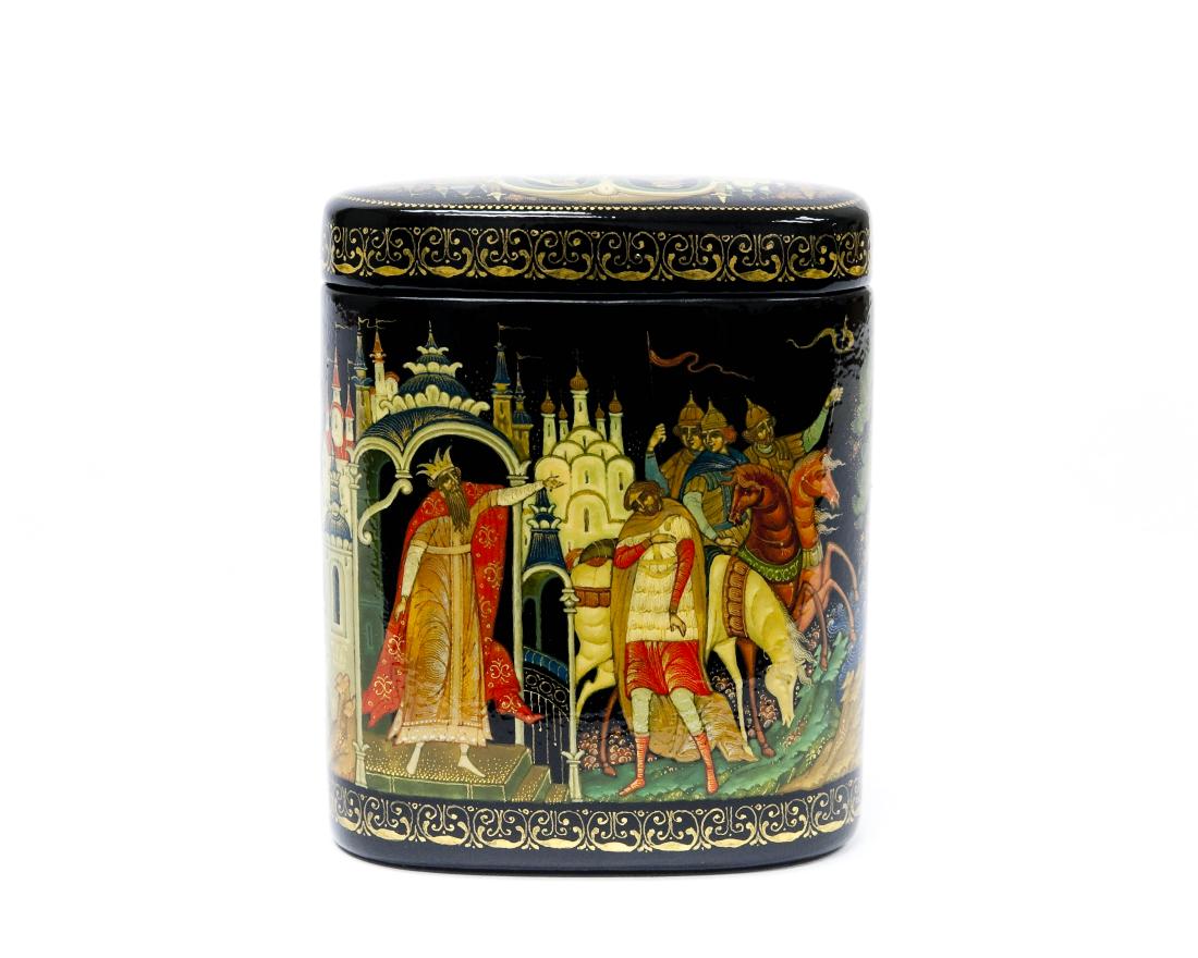 Terentiev Palekh Russian Lacquer Box.: Terentiev Palekh Russian lacquer box. Cigarette case form box with lid and body depicting a fairy tale. Signed, dated 94. (3 1/8" tall, 2 3/4" x 1 3/8").