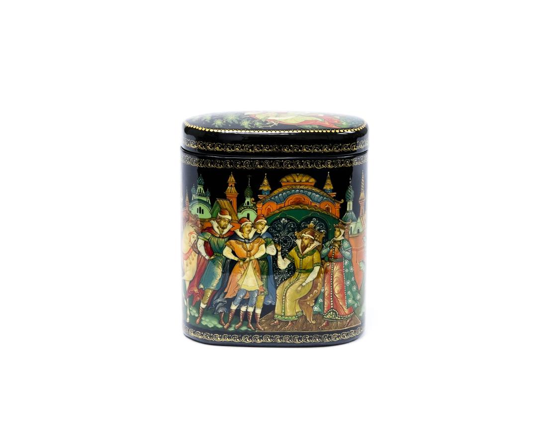 Zhukov Palekh Russian Lacquer Box, Frog Princess.: Zhukov Palekh Russian lacquer box, Frog Princess. Cigarette case style box with the lid and sides depicting fairy tale. Signed A. Zhukov, dated 95. (3 1/2" tall, 3" x 1 1/2").