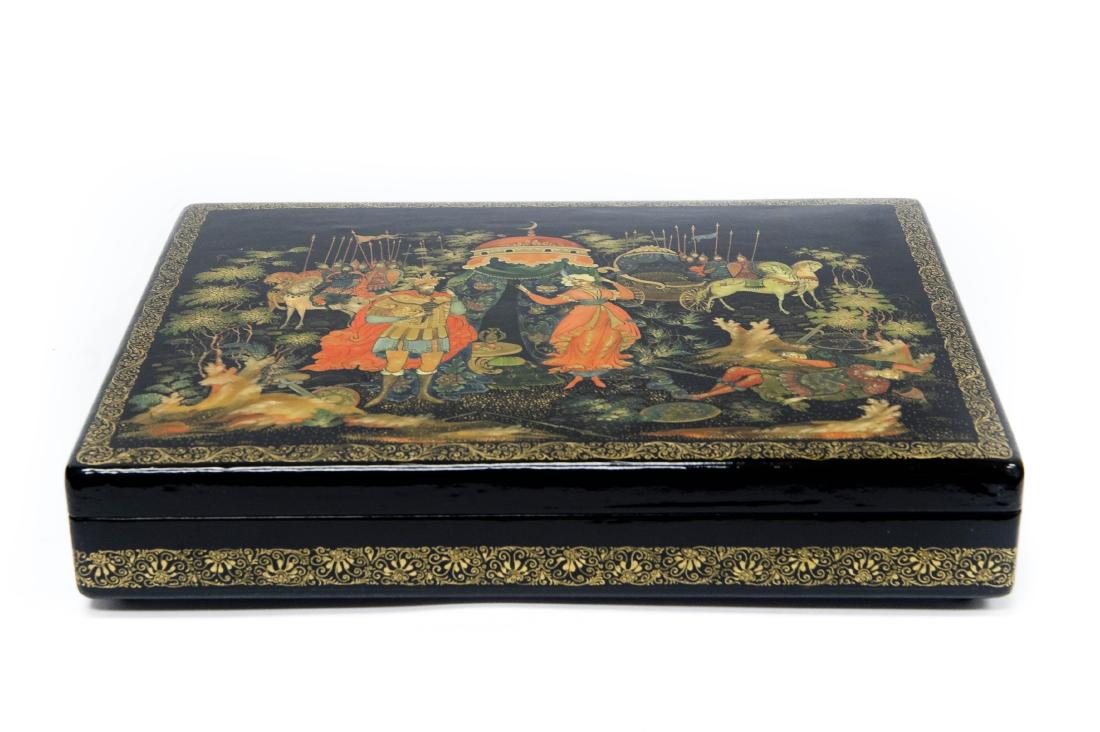 Ukolova Large Palekh Russian Lacquer Box.: Ukolova large Palekh Russian lacquer box, Golden Cockerel. Hinge lidded box, signed R. Ukolova and dated 1995. (1 3/8" tall, 9 1/4" x 7").