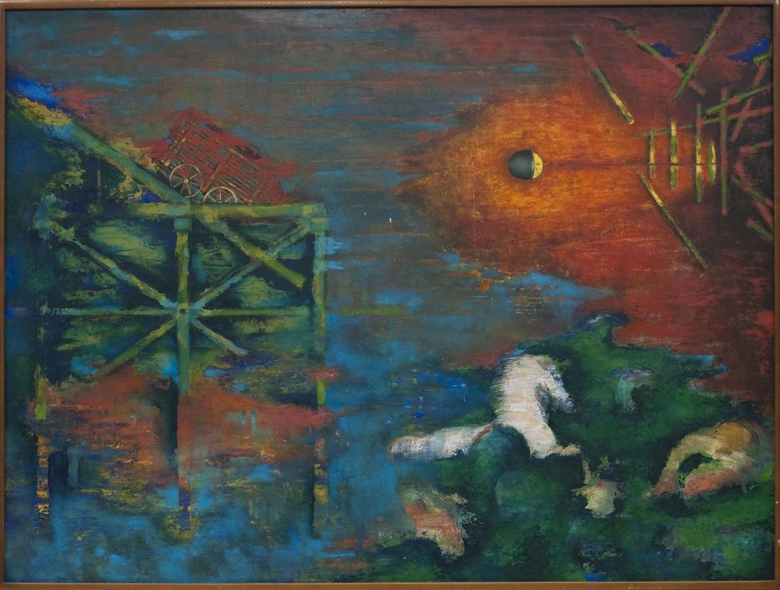 Timothy Berry Oil on Wood, "Gold Rush".: Timothy Berry (American, b. 1948), Oil on wood, "Gold Rush", 1989. Signed and titled verso. Framed. Sight 35Â½ X 47 inches, overall 37 X 49 inches.