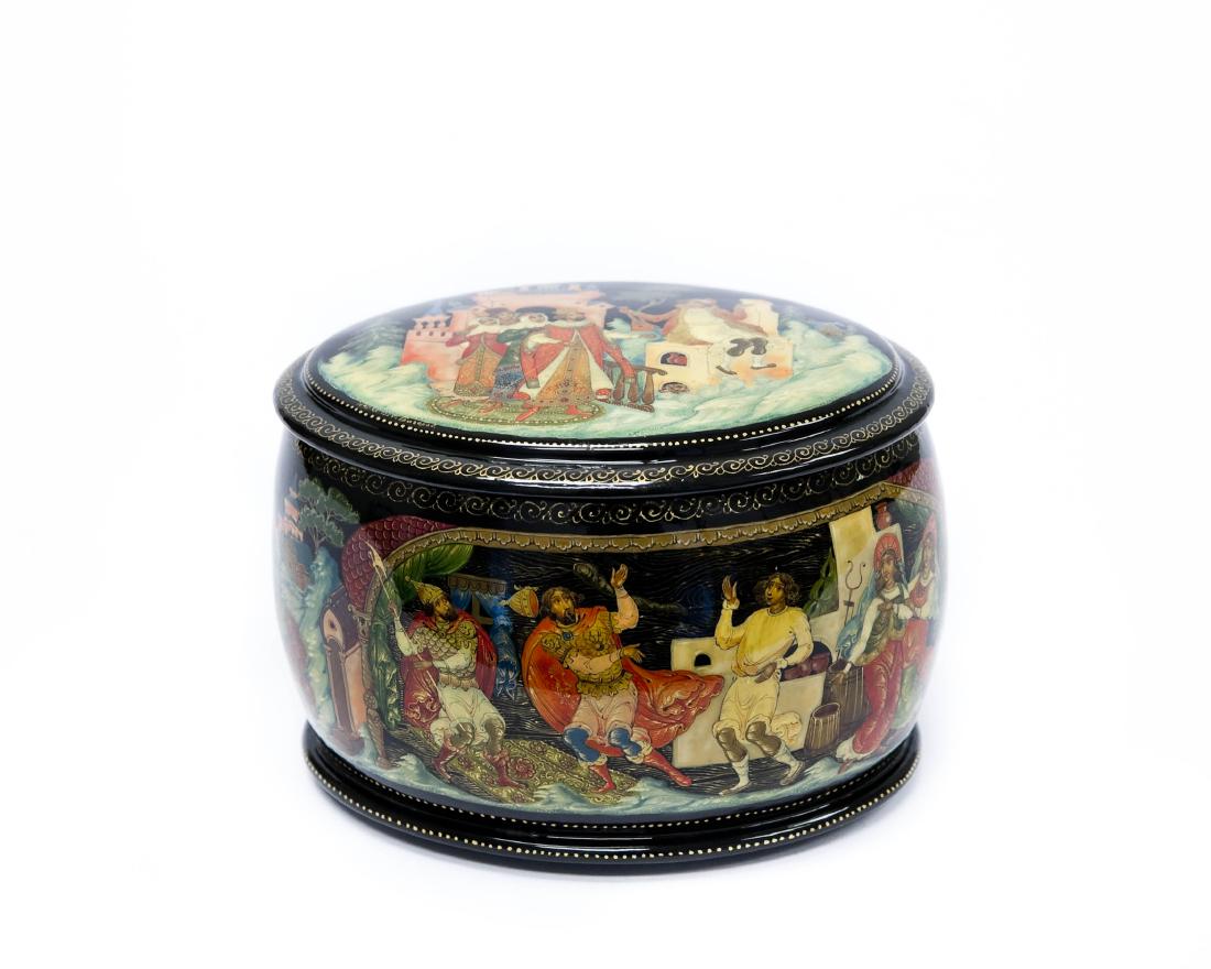 Grigorov Palekh Russian Lacquer Box.: Grigorov Palekh Russian lacquer box, Magic Pike. Oval box with lid and body depicting a fairy tale. Signed, dated 1994. (3" tall, 4 1/4" x 3 1/4").
