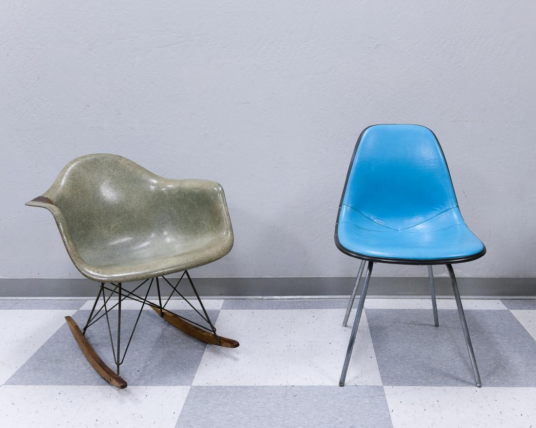 Early Eames Rocker & Associated Chair.: Early Eames Rocker and an associated chair. Sea foam green fiberglass rocker, circa 1952, with rope edge; Eames Herman Miller chair. (24 3/4" x 24" x 27" & 34" x 27.5" x 28").
