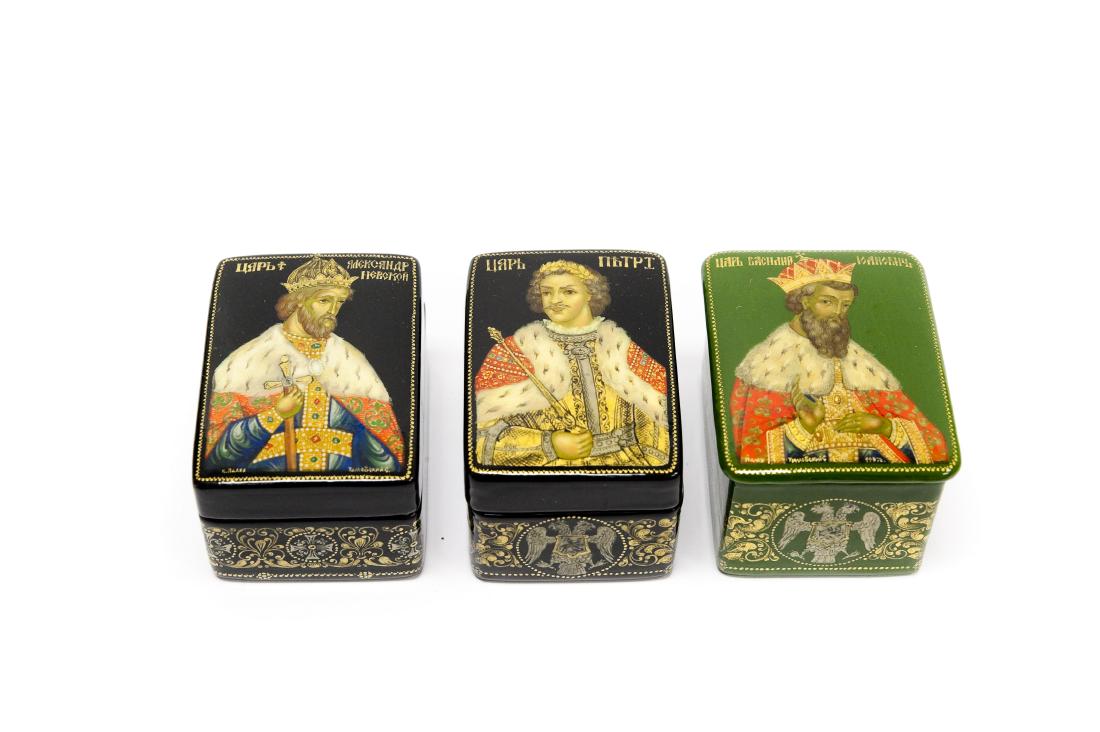 (3) Timovski Palekh Lacquer Boxes.: (3) Timovski Palekh lacquer boxes. Peter, The Great, Tsar Vasiliy Ivanovich, Tsar Alexander Nevsky. 2 dated 1997. (Approx. 1" tall).