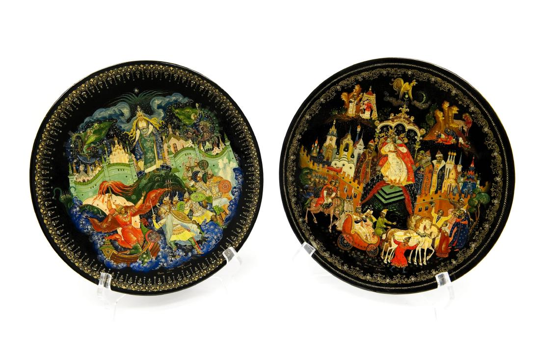 (2) Volkov Palekh Russian Lacquer Plaques. (1 of 6)