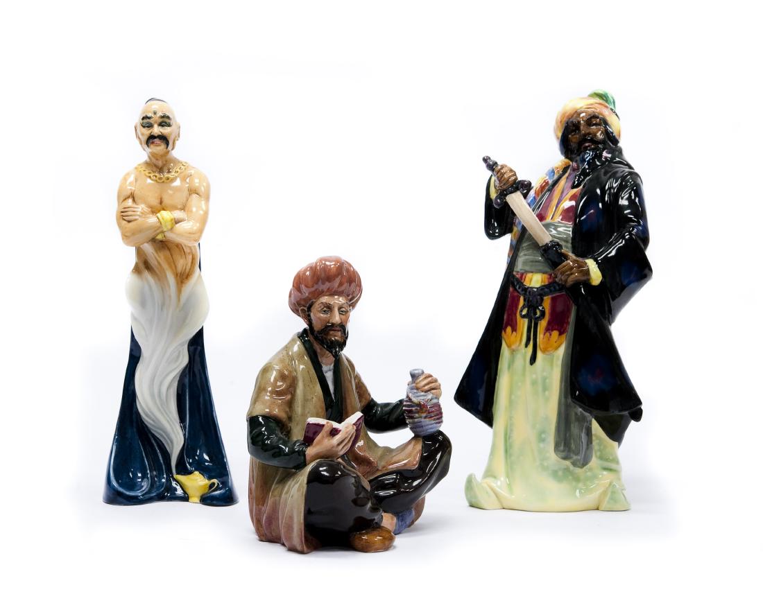 (3) Royal Doulton Porcelain Figures.: (3) Royal Doulton porcelain figures, Omar Khayyam, Blue Bears and Genie. (6, 10 1/2 & 9 1/2 inches).