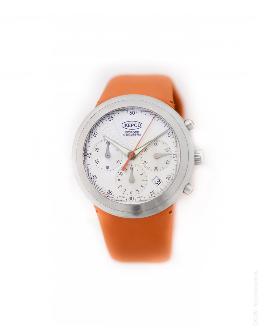 Ikepod Isopode Limited Edition Chronograph.: Ikepod Isopode Limited Edition chronograph, 0209/9999. Marc Newson Design, Cosc. No. 312. With orange plastic bracelet and additional blue plastic bracelet. With Ikepod orange circular case, guarantee