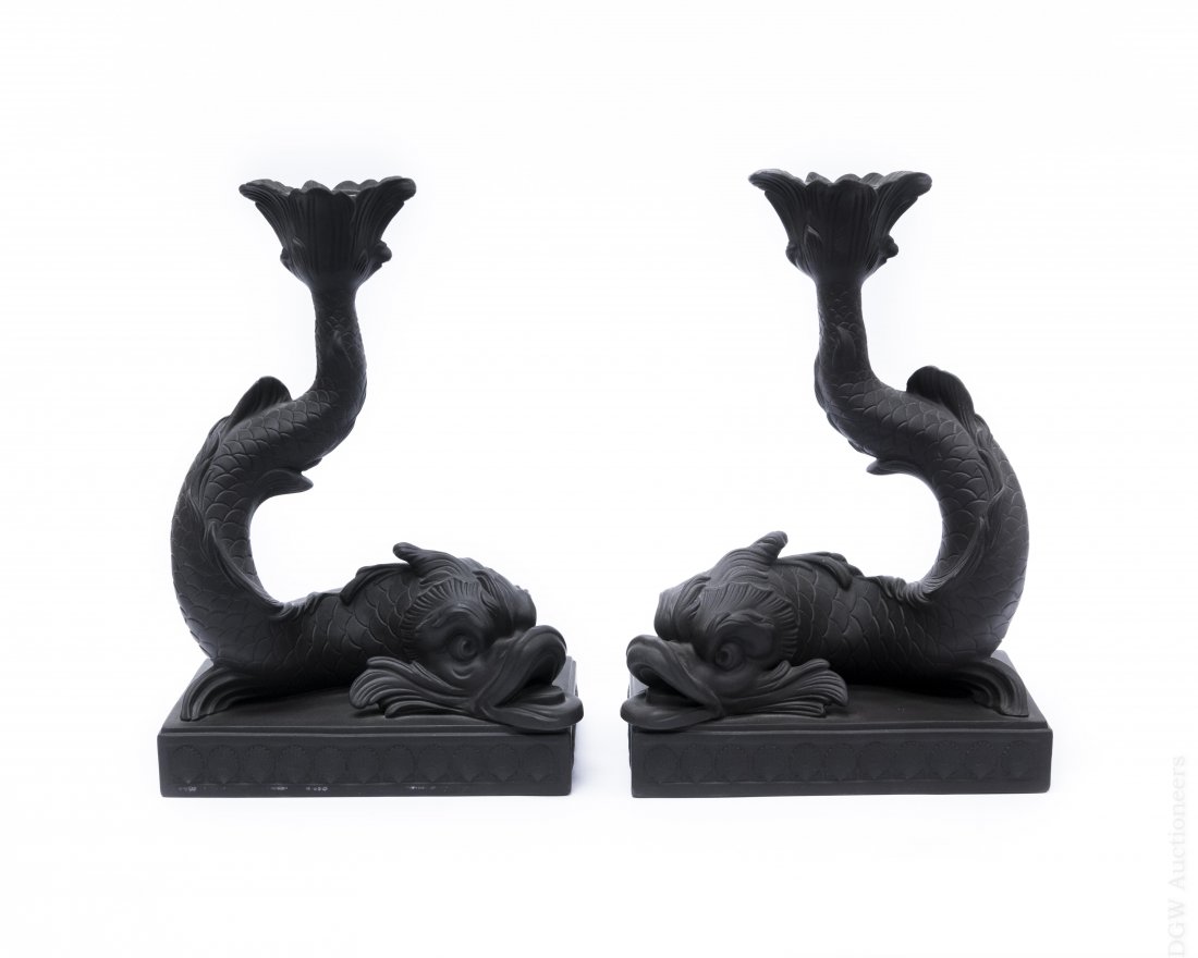 Pair of Wedgwood Black Basalt Dolphin Candlesticks.: Pair of Wedgwood black Basalt Dolphin candlesticks. Marked Wedgwood A 75 Made in England. (9 inches tall). With box.