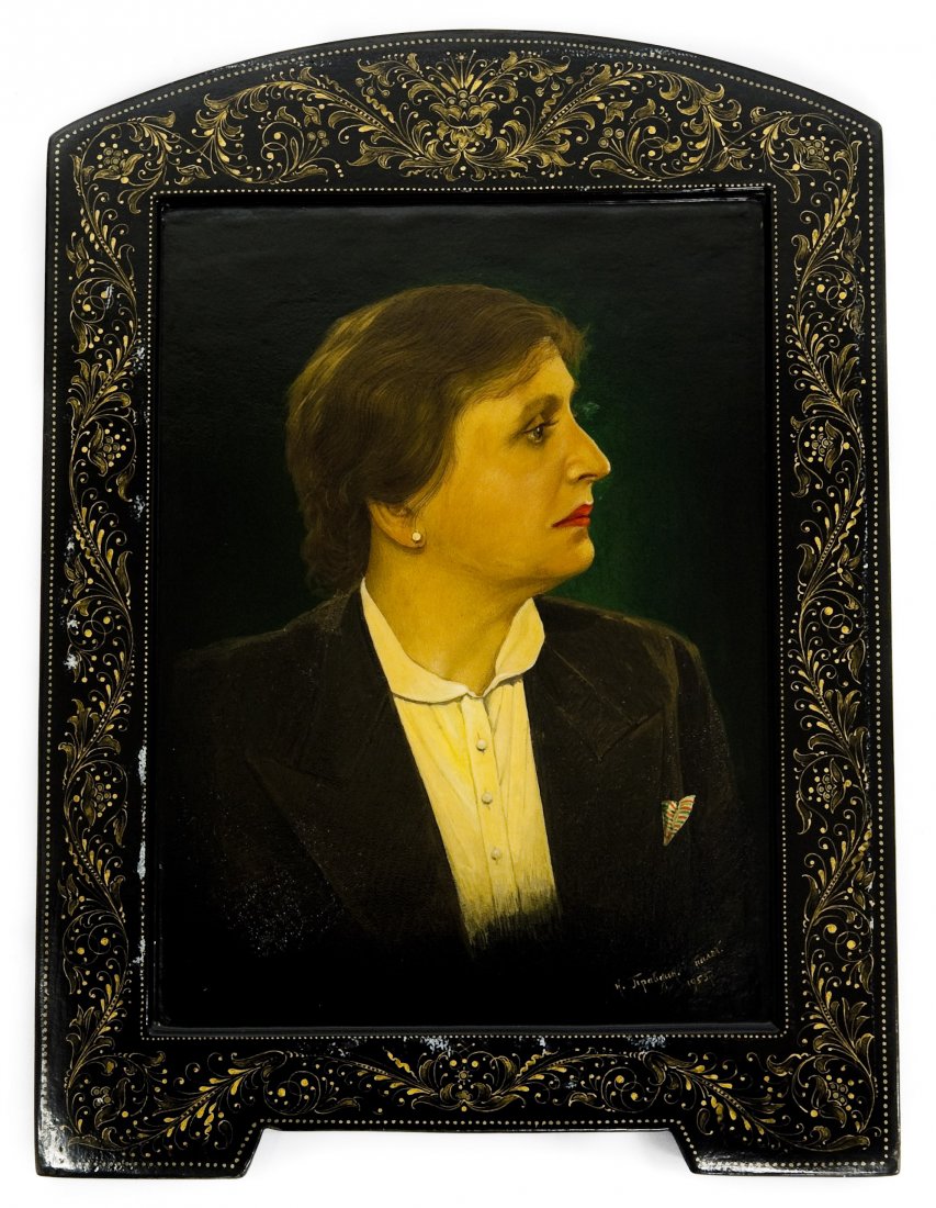 Pravdin Palekh Russian Lacquer Plaque.: Pravdin Palekh Russian lacquer plaque. Portrait of (possibly) Anna Akhmatova. Signed, dated 1955. (9 3/4 x 7 1/8 inches).