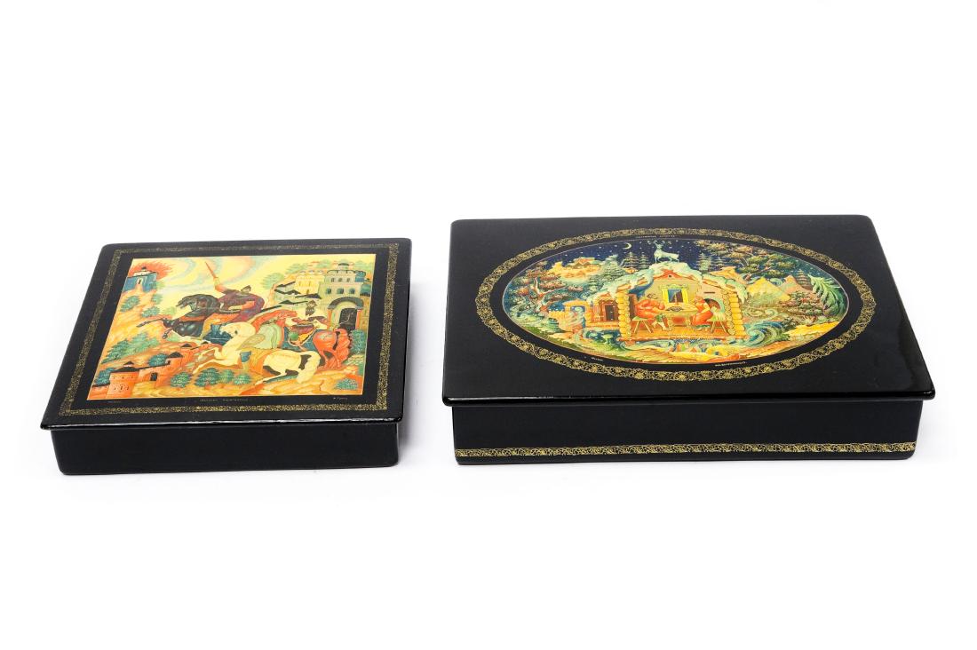 (2) Mstera Russian Lacquer Large Boxes.: (2) Mstera Russian lacquer large boxes. Signed and titled. Size approximately 1 1/2" x 7 1/4" x 7 1/4", 2" x 9 3/4" x 7 1/4".