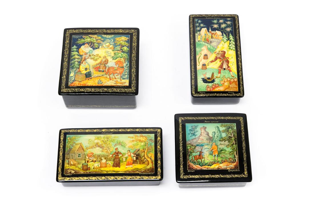 (4) Mstera Russian Lacquer Boxes.: (4) Mstera Russian lacquer boxes. Signed and titled. Size approximately 2 1/4" x 4 1/4" x 4 1/4", 1 1/2" x 5 1/2" x 3", 2" x 3" x 5 1/4", 1 1/2" x 3 3/4" x 3 3/4".