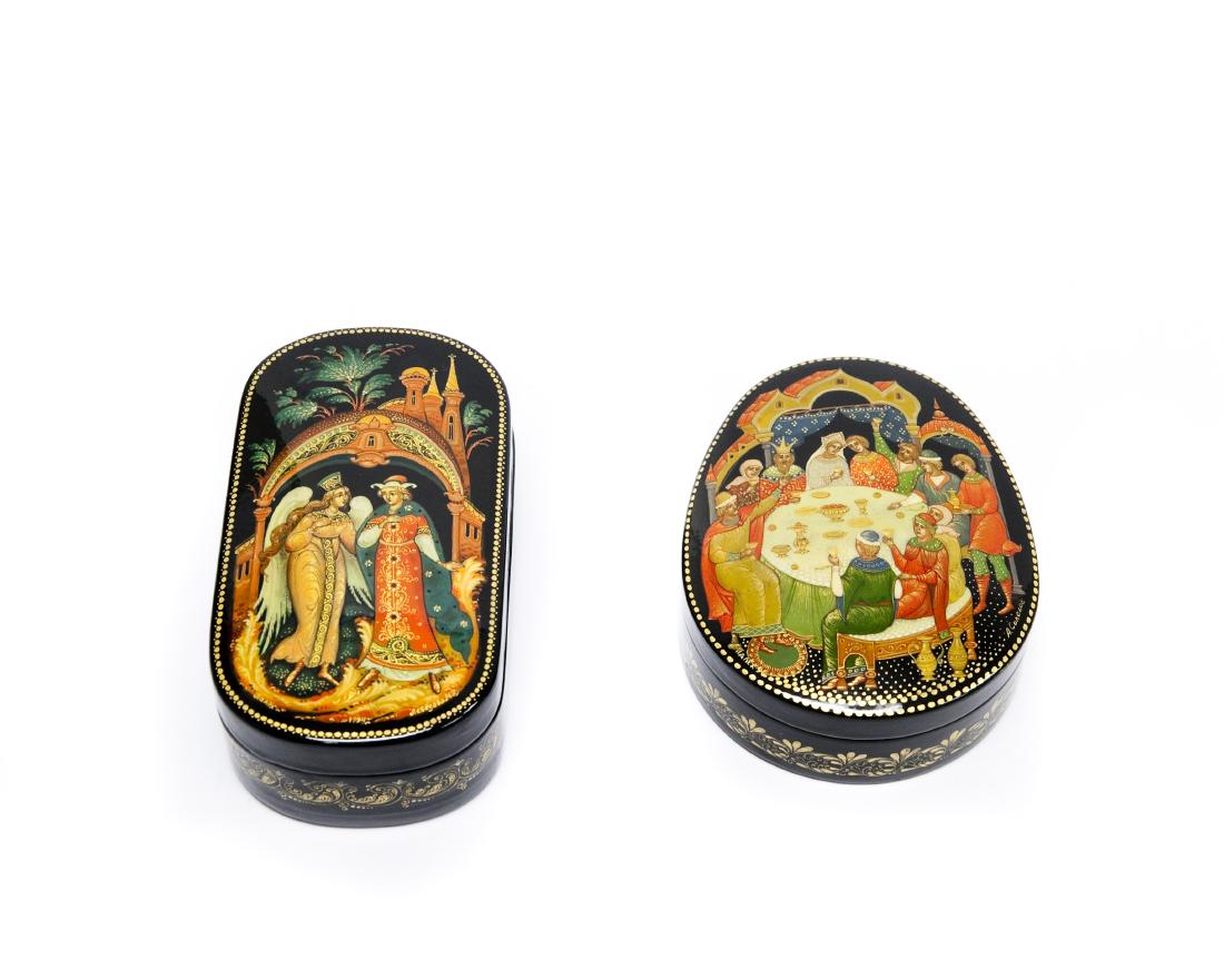 Lebedeva & Sokolov Palekh Russian Lacquer Boxes.: Lebedeva & Sokolov Palekh Russian lacquer boxes. Rounded rectangular and oval boxes depicting fairy tales. Signed, dated 1994 & 96.