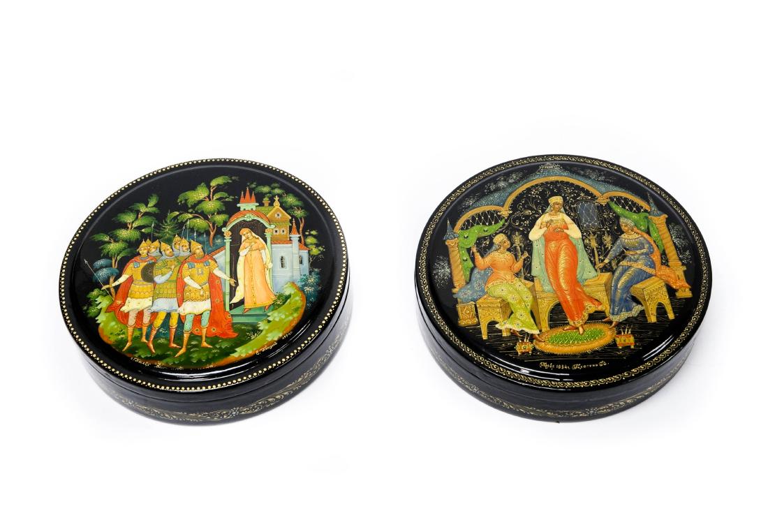 Populov & Vleskin Palekh Russian Lacquer Boxes.: Populov & Vleskin Palekh Russian lacquer boxes. Princess & 7 Bogatyrs and one other.