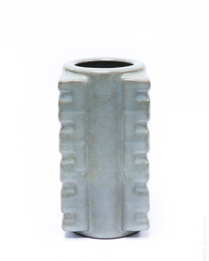 Chinese Crackle Glaze Porcelain Vase.: Chinese crackle glaze porcelain vase. Greenish, cylindrical form vase with square ribbed edges and a circular opening. (6 1/4 x 3 1/4 x 3 1/4 inches).