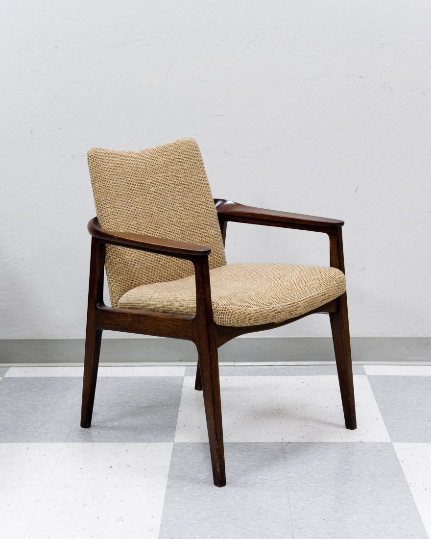 Sigvard Bernadotte France & Son Danish Chair.: Sigvard Bernadotte for France & Son, Danish modern armchair. Retailed by John Stuart Inc. Grand Rapids, New York. Upholstered back and seat. France & Son metal logo John Stuart metal logo underneath,