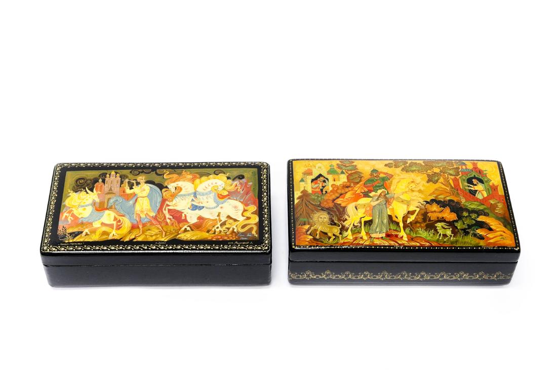 (2) Kholui Russian Lacquer Boxes.: (2) Kholui Russian lacquer boxes. Titled and signed Malyshev and Skopina. (5 3/4 x 3 1/8 x 1 1/2 inches).